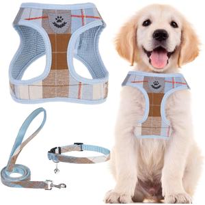PUPTECK Adjustable Dog Harness Collar and Leash Set Step in No Pull Pet Harness for  Dogs Puppy and Cats Outdoor Walking Running, Soft Mesh Padded Reflective Vest Harnesses, BlueBrown L (L (CHEST 18"-20"))