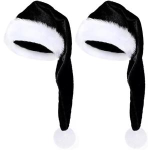 kockuu Long Fluffy Black and White Santa Hats Set with Plush Brim and Liner for Adults Christmas Hat Party Supplies & Gifts (2 Pack)