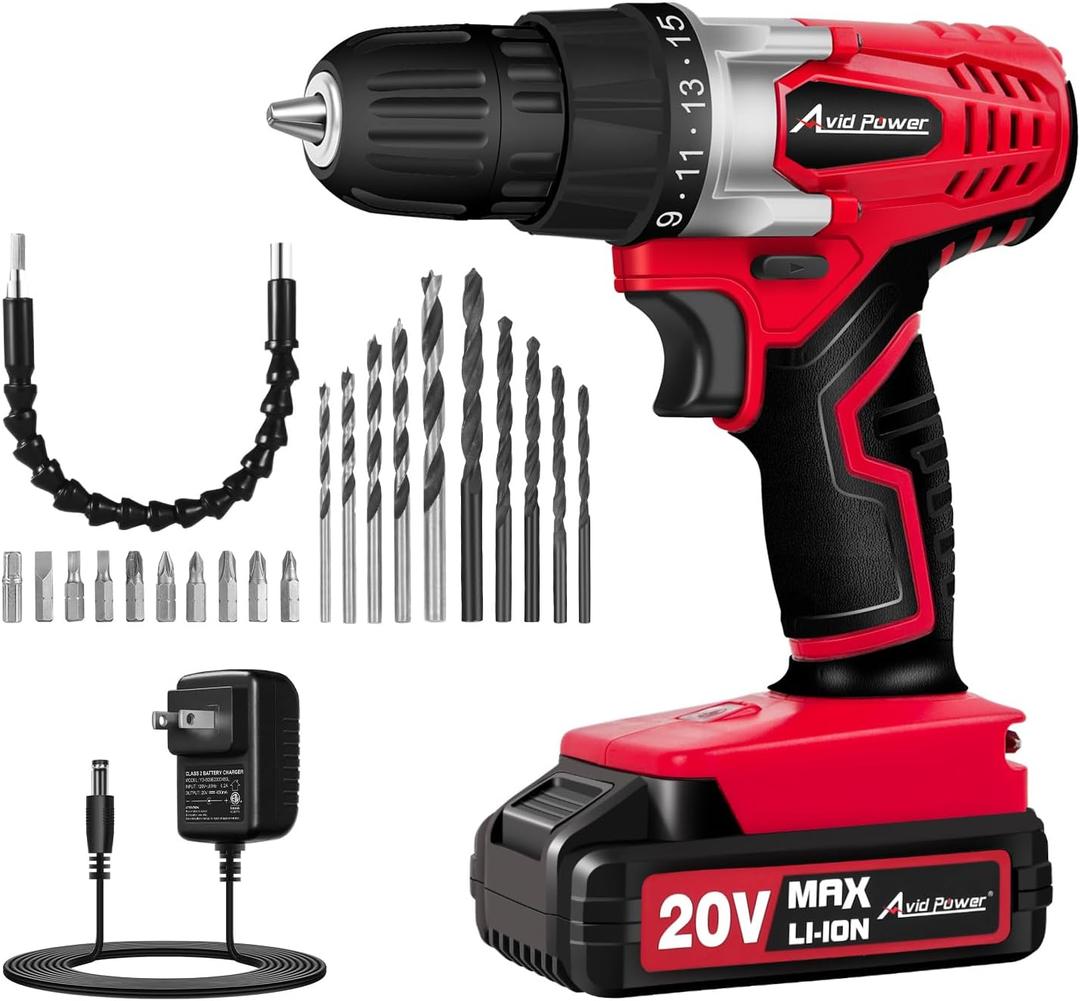7 x AVID POWER 20V Cordless Drill Set for Home DIY & Beginner Projects - Lightweight Power Drill with Battery Charger & 22 Bits, Variable Speed, 3/8" Keyless Chuck, Ideal for Furniture Assembly (Red)