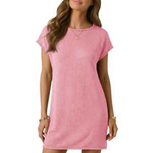 Wenrine Womens Summer Mini Dress Casual Knitted Short Cap Sleeve Boat Neck Loose Sweater Dresses (Pink)