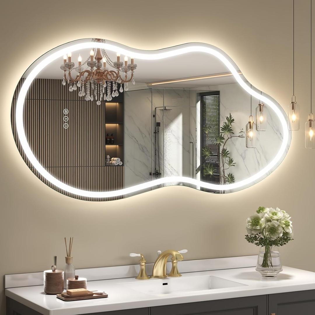 SMIROR Asymmetrical Led Bathroom Mirror 40x 24 inch, Irregular Cloud Lighted Vanity Mirror with Lights for Wall, Anit-Fog, Dimmable, Memory (Vertical/Horizontal)