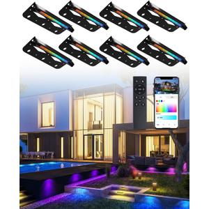 8 Pack 7 Inch RGB LED Hardscape Lighting, 5W Smart Retaining Wall Lights 16 Million Colors with Remote Control, IP65 Waterproof Landscape Paver Lights, 12V AC/DC Low Voltage Outdoor Lighting