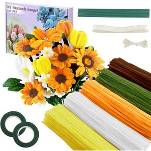 400 Pcs Pipe Cleaners Craft,5 Assorted Colors Pipe Cleaners Bulk, Chenille Stems for DIY Flower Making Kit with Floral Wires, Gardening Tape,Stamen& Ribbon (Sunflowers)