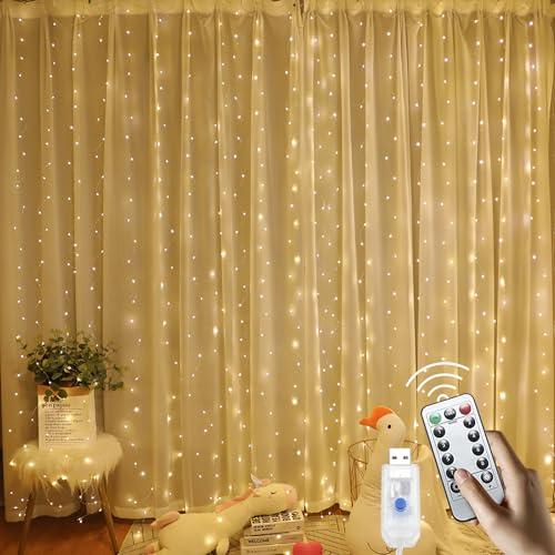 URLUKY 300 LED Curtain String Lights with Remote & Timer, 8 Modes Lighting, 9.8×9.8 Ft, DIY Lights for Birthday Wedding Christmas Party Bedroom Door Window Garden Home Decors (Warm White, 1 Pack)
