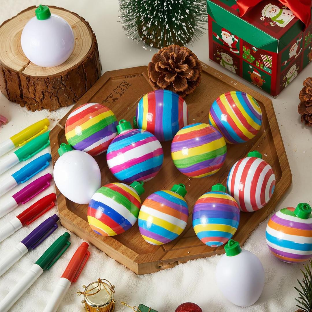 Wettarn 60pcs 2.6" DIY Christmas Ball Ornaments Paintable Blank White Ball Ornaments with Markers for Crafts Christmas Tree Decoration Gift Box Party Decoration