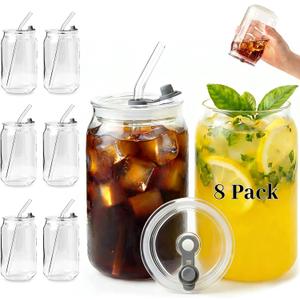 Leakproof Glass Cups with Plastic Lids and Straws, 16oz Iced Coffee Cup, Drinking Glasses Tumbler for Water, Boba Tea, Smoothie - 8pcs