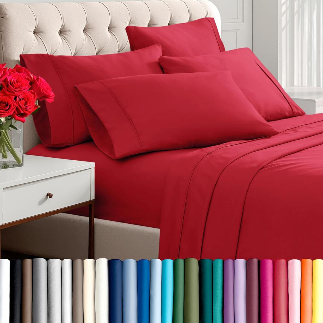 Bare Home Hotel Luxury Twin XL Sheet Set, Extra Soft - 4 Piece Set - Deep Pockets - Easy Fit - Cooling & Breathable - Wrinkle, Fade, Stain Resistant - Includes 2 Pillowcases (Twin XL, Red)