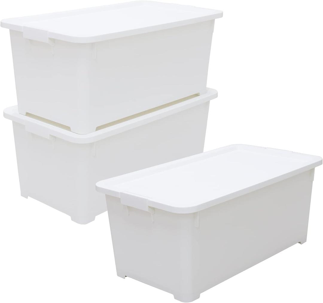 ASTAGE Stackable Rolling Storage Tote Plastic Storage Bins Container Box Organizing Box Opaque Storage bins with Lids for Closet Garage Office - 3pack (White, 45qt)