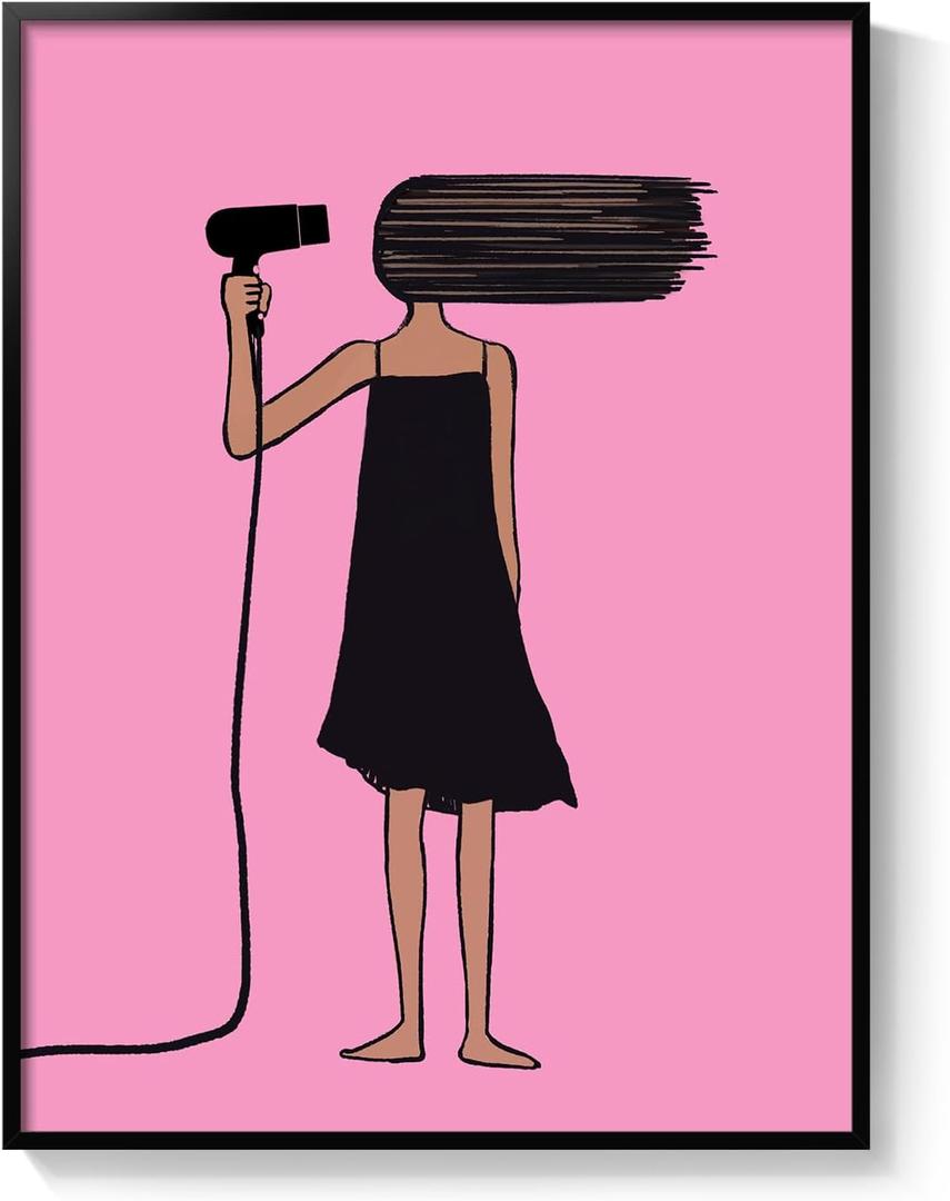 Framed Pink Bathroom Wall Art, Modern Minimalist Black Girl Cartoon Canvas Print, Quirky Pink and Black Woman Picture with Hair Dryer, Bathroom Decor Wall Art for Restroom Washroom Home, 12x16 Inch