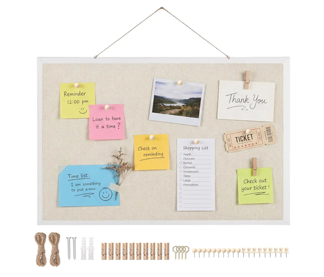 Thboxes Cork Board with Linen, 24" x 18" Double-Sided Bulletin Board Corkboard for Wall Picture Display Framed Vision Boards for Home Office School Pin Boards with 20 Pushpins &10 Clips