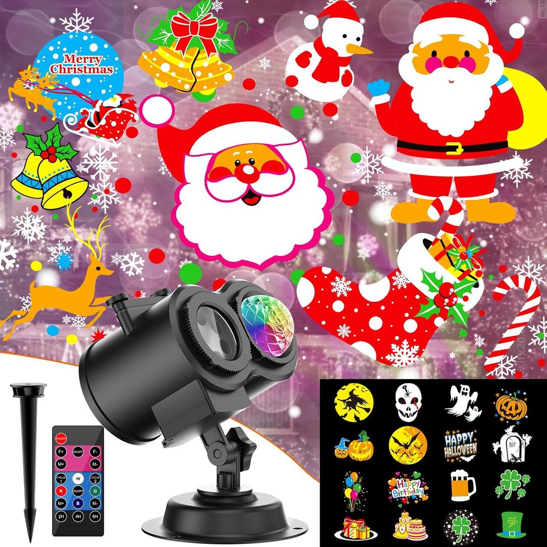 Christmas Projector Lights Outdoor Indoor,15W Brighter HD 16 Patterns Christmas Decorations Outdoor Christmas Projector Lights Decoration Holiday Projectors for Outside House
