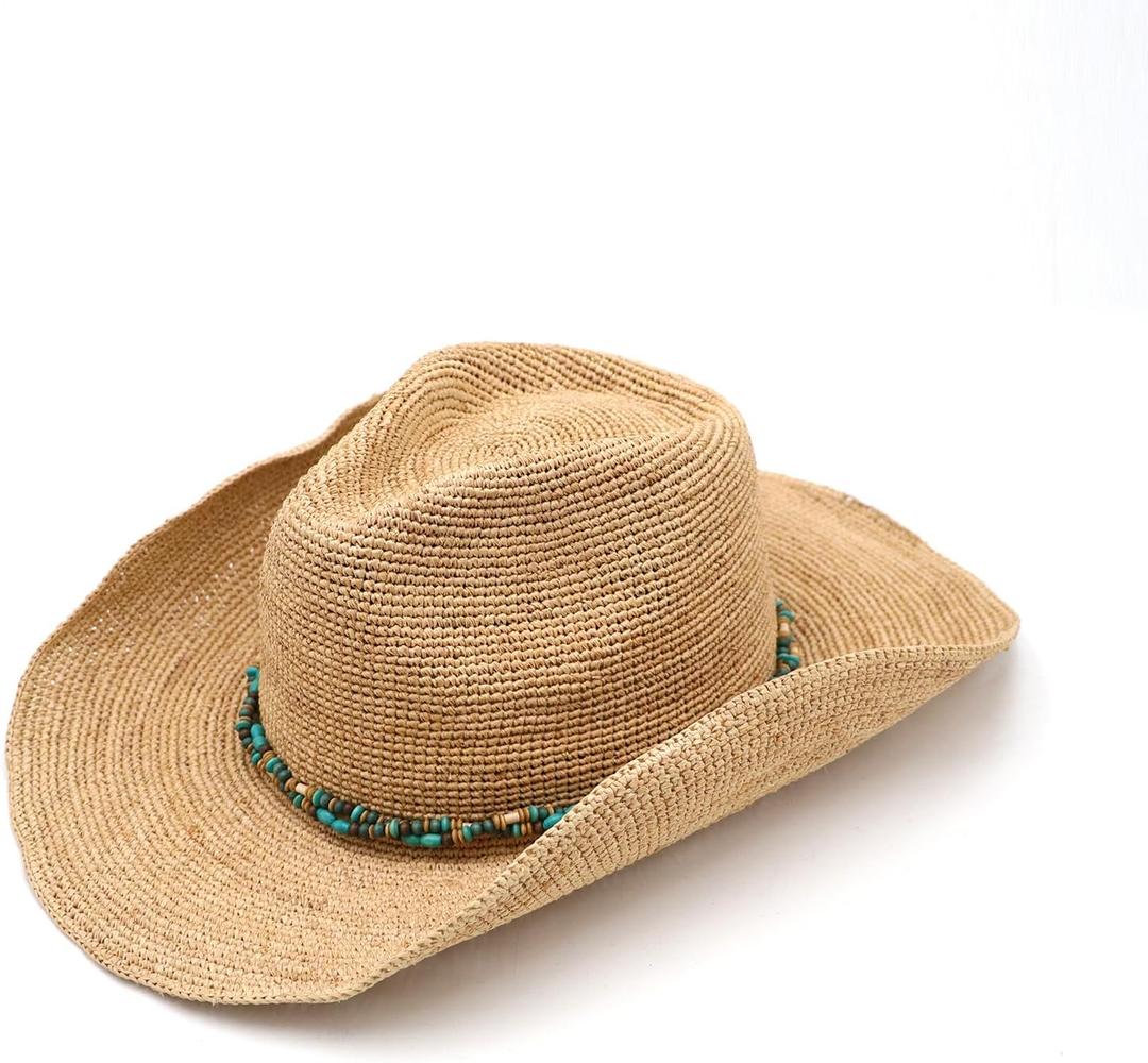 Raffia Straw Cowboy Hat,Women's Crocheted Summer Straw Hats, Classic Beach Sun Hats