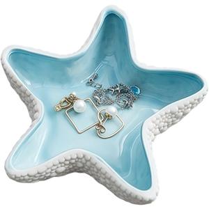 Starfish Jewelry Dish Ceramic Holder Ring Trinket Tray, Ocean-themed Decorative Trinket Dish, Suitable for Mother Friend Sister, Gifts for Women, Home Decor Trinket Dish(Sea Blue)