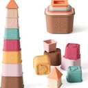 YIVEKO Baby Stacking Cups Toy, Silicone Stacking Tower Educational Baby Toys 6M+, Soft Teething Building Blocks 8 Pcs, BPA Free Sensory Infant Toy, Bath & Beach Toys, Vintage Neutral ColorsVintage