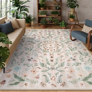 Lahome Insect Botanical Washable Beige Area Rugs 8x10 Rugs for Living Room, Non Slip Rugs for Bedroom, Boho Indoor Throw Dining Room Carpet for Under Table Home Office Playroom(Beige,8x10) (8' x 10')