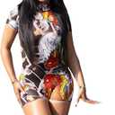Sexy Jumpsuits for Women, Printed Short Sleeve Backless Romper One Piece Club Outfits for Women, Mesh Bodycon (Small, Red)