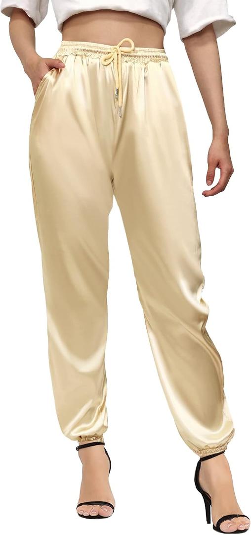 Betusline Women's Solid Color Drawstring Tie Elastic Waist Loose Satin Joggeing Pants with Pockets, Champagne, US X-Small 