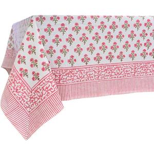 ATOSII Gulbahar White Pink 100% Cotton Fall Rectangle Tablecloth, Hand Block Print Washable Table Cover, Christmas Parties Buffet Dining, Weddings, Thanksgiving, Halloween, 60 X 108 Inches 8 Seater
