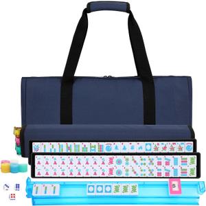 American Mahjong Tile Set,166 Blue Tiles Mahjong Set,4 Colors Mahjong Racks,Travel Mahjong Set with Blue Carrying Bag