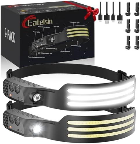Eatelsin 1 PCS Headlamp Rechargeable, Motion Sensor 230° COB Head Lamp, Headlights for Forehead, Hard hat Light for Adults, LED Headband Flashlight for Work, Hiking, Running, Camping Essentials Gear