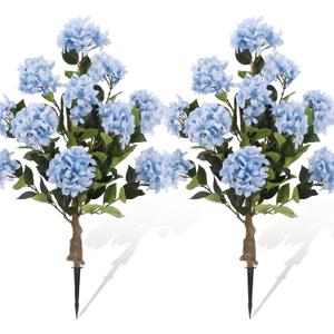Lunmon 2 Pack Artificial Hydrangea Trees with Spikes, 24Inch Faux Hydrangea Outdoor Plants Bushes Realistic Fake Silk Flower for Planter Home Wedding Garden Patio Yard Decor(Blue)