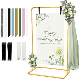 Welcome Sign Stand, Personalized Wedding Welcome Sign Holder Stand with Leather Sign Hanging Straps, Metal Welcome to Our Wedding Sign Holder, Gold Easel Stand for Baby Shower Graduation Bridal Shower