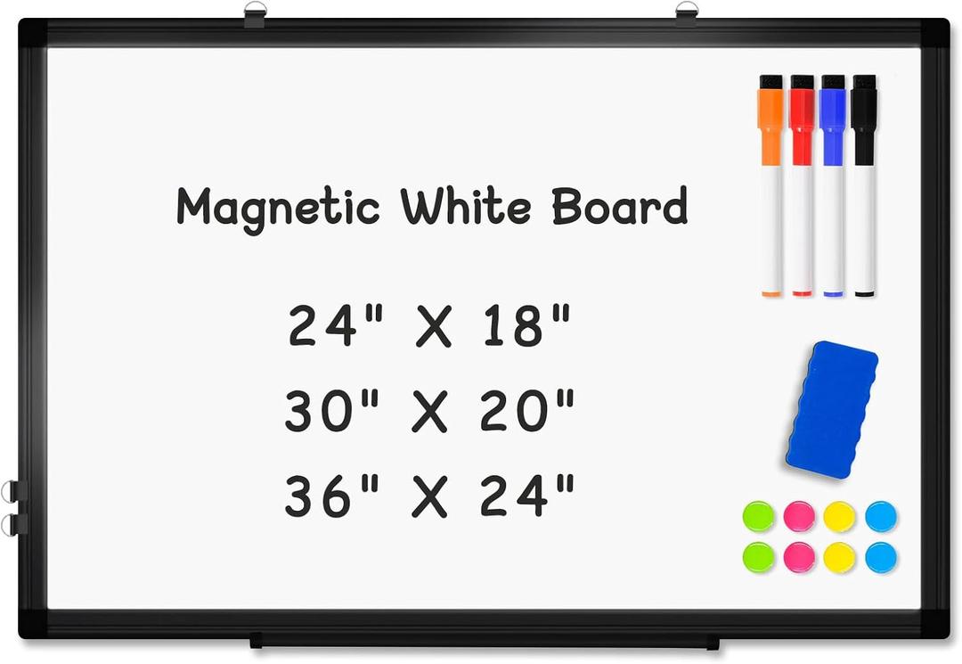 Double-Sided Magnetic Whiteboard, 24" x 18" Dry Erase Board Black Aluminum Frame for Wall, White Board Dry Erase Marker Board for Kitchen, Memo, School, Home, Office