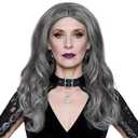 ANOGOL Wig Cap+ Long Mixed Grey Wavy Wig Women Middlepart Wigs Salt and Pepper Hair for Horror Movie Cosplay Womens Grey White Hair for Halloween Costume Party Outfit