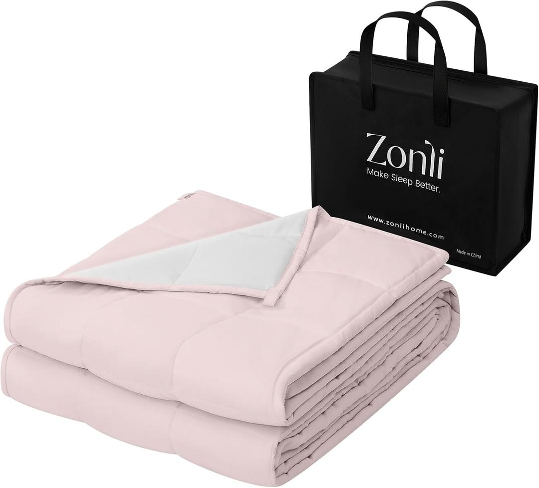 ZonLi Weighted Blanket for Adults(48"x72",12lbs, Pink/Light Grey) Twin Size High Breathability Cooling Heavy Blanket, Soft Material with Premium Glass Beads,All-Season.