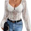SweatyRocks Women's Lace Long Sleeve Corset Bodysuit Tops Sheer Mesh V neck Jumpsuit (Large, White)