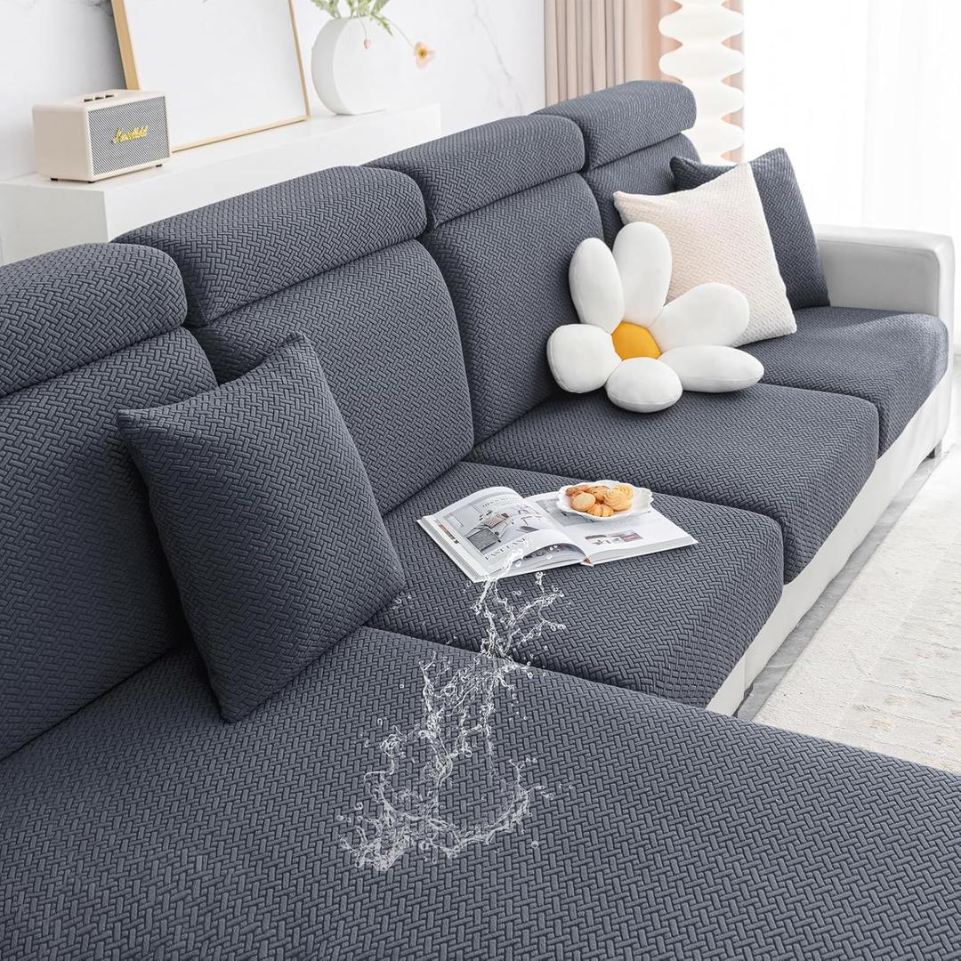 Smiry Waterproof Couch Cushion Covers, Stretch Jacquard Sectional Couch Covers, L Shape Chaise Lounge Sofa Slipcover, Washable Elastic Furniture Protector for Pets, Kid (XL-Chaise Cover, Grey)