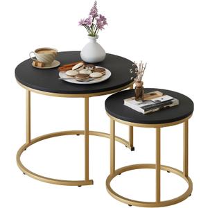 Garden 4 you Nesting Coffee Table, Round Coffee Table Set of 2, Nesting Tables for Living Room Bedroom Balcony, Wooden Stacking Accent Coffee Tables with Metal Frame, Black