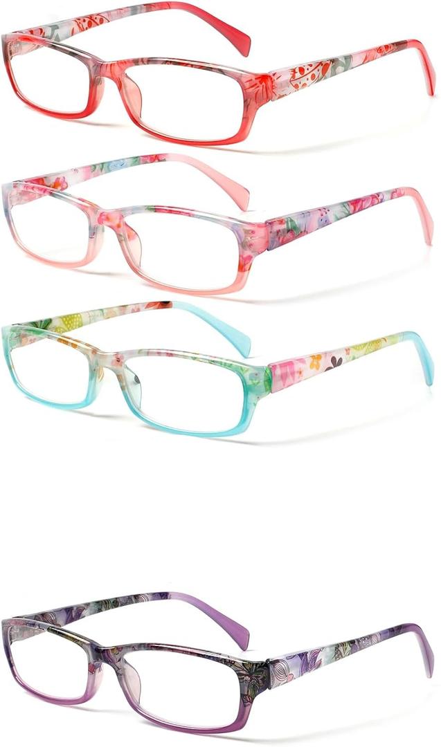 Kerecsen Reading Glasses 4 Pairs Fashion Ladies Readers Spring Hinge with Pattern Print Eyeglasses for Women (Mix Color -8, 1.25), Medium