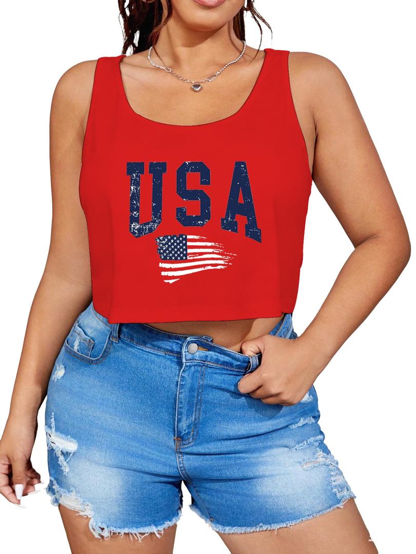 Women's Plus Size 4th of July Tops USA Tank Top Memorial Day Red White and Blue Patriotic Shirts American Flag Graphic Crop Tank Tops (Red-1,3XL)