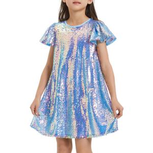 Girls Sequin Dress Shiny Short Flutter Sleeve Midi Sparkly Party Dress with Hairbow (Small, Blue)