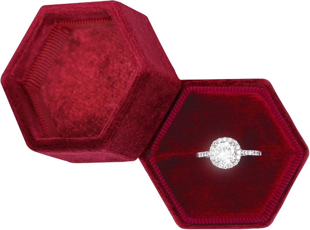 BLUTETE Hexagon Velvet Jewelry Single Slot Ring Box Engagement Wedding Box Keepsake Box Bridal Photo Ring (Red)