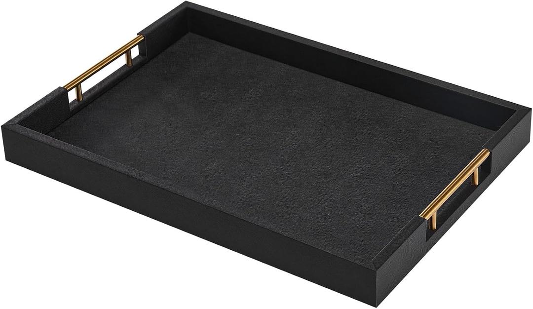 Rectangular 18×14 Inch Black Wood Ottoman Serving Tray with Metal Handles Decorative Wooden Large Faux Leather Coffee Table Organizer Tray for All Occasions Black