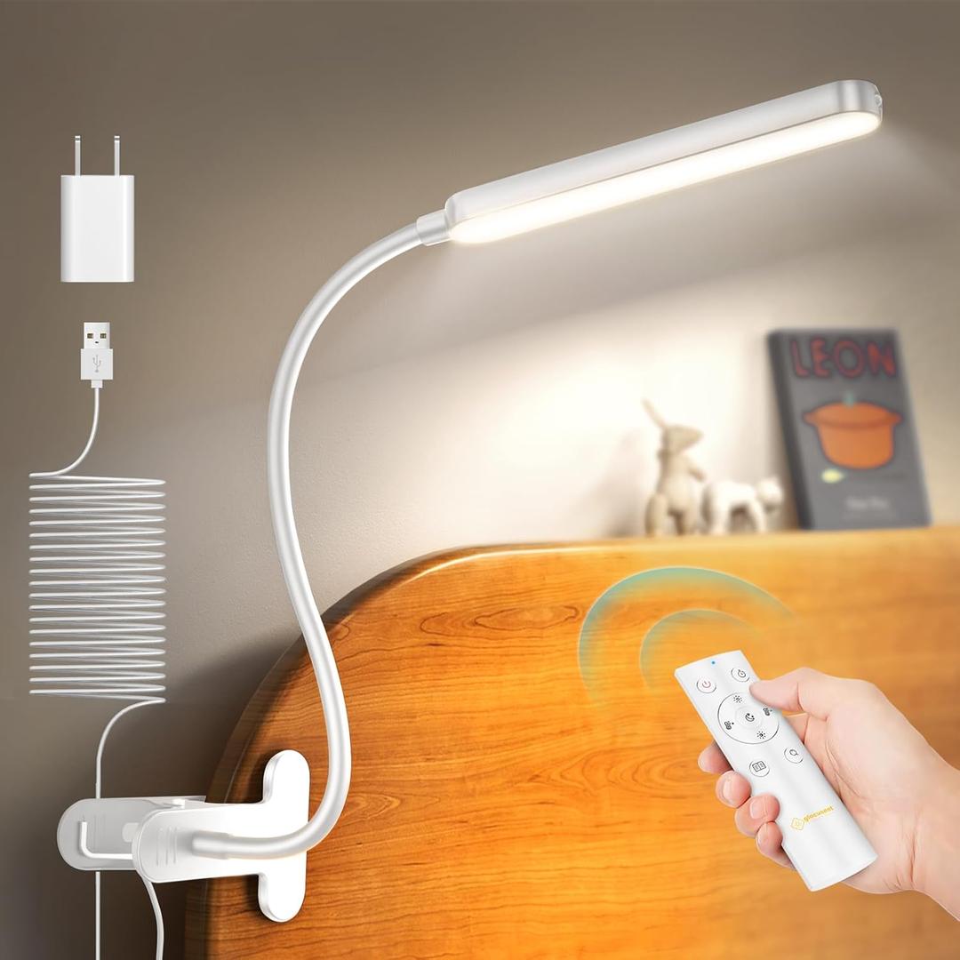 Glocusent 38 LED Clip On Light: 5W Eye Caring Book Lights for Reading at Night - 5 Color & 5 Brightness with a Remote, 30-Min Auto Off Timer, Multi-Purpose Clip Lamp for Bed Reading/Studying/Working (White)