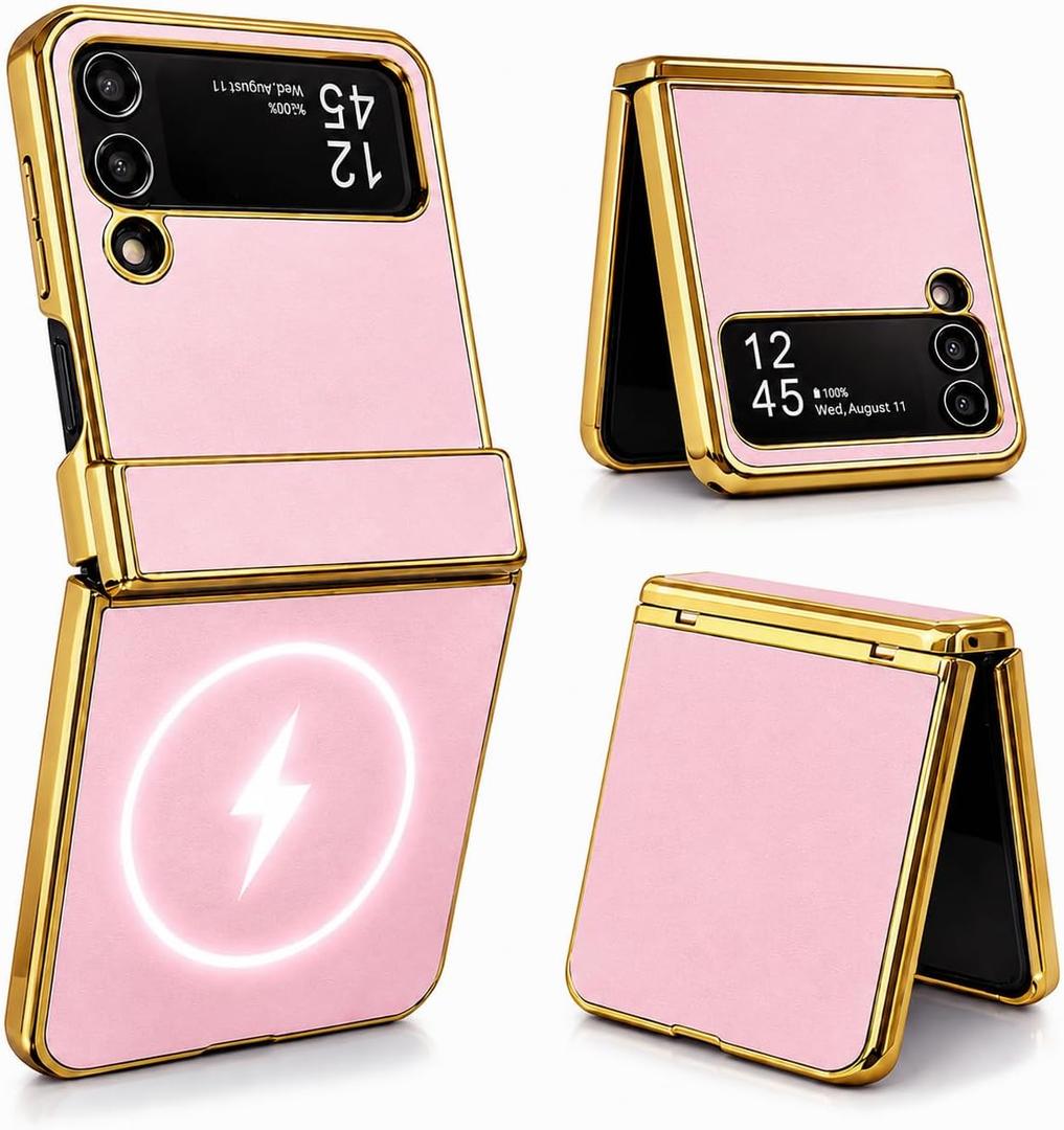 Genuine Leather Case for Samsung Galaxy Z Flip 3, MagSafe Compatible Slim Cover with Hinge Protection, Military-Grade Drop Protection, Free Magnetic Grip Holder, Gold Trim (Pink)
