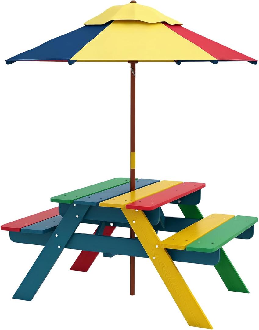 Outsunny Kids Picnic Table Set with Parasol, Wooden Outdoor Bench Set with Seating for 2 Children 3-6 Years Old for Patio, Backyard, Indoor Use, Multicolor