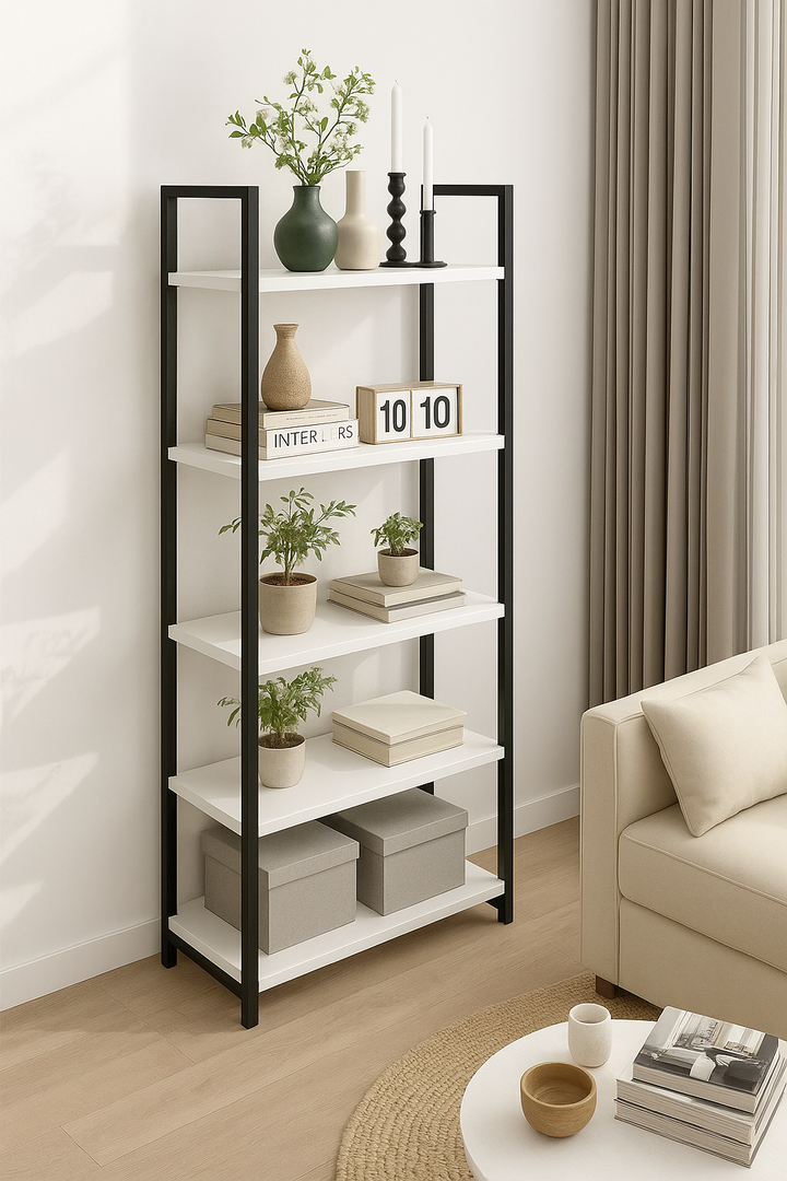 Acovy 5 Tier Bookshelf Rustic Industrial Style,31.5" W Storage Shelves, Metal Book Shelves Bookcase Book Shelf Display Shelf for Home Office, Living Room, Bedroom, Kitchen, White