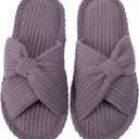 Enteer Women's Corduroy Bow Memory Foam Slippers, Open Toe Cross Band Non-Slip Indoor Outdoor House Slippers