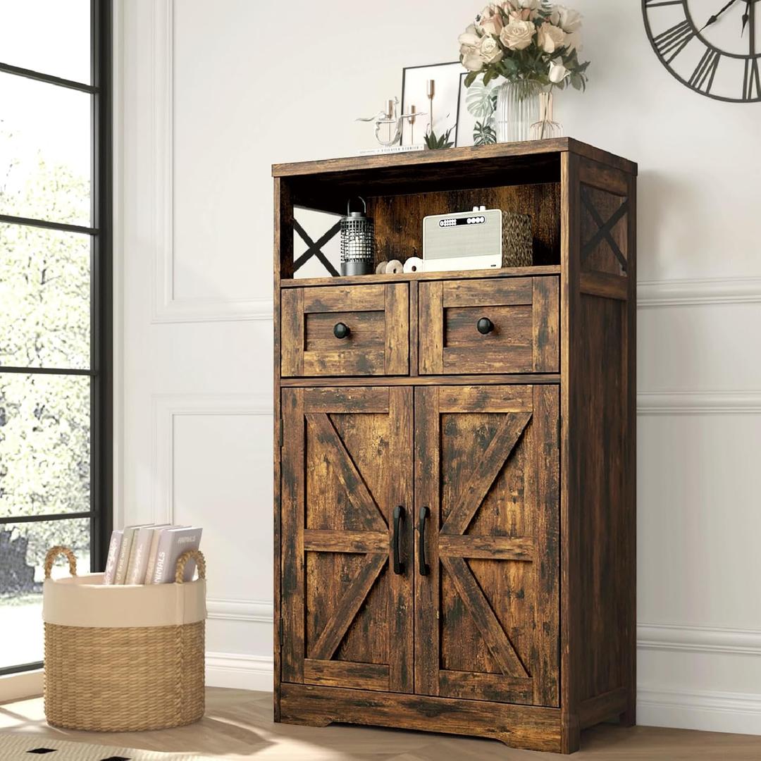 Farmhouse Storage Cabinet with Drawers and Shelves, Kitchen Pantry Storage Cabinet, Floor Hutch Cupboard for Dining Living Room Home Office, Rustic Brown (Pack of 1)
