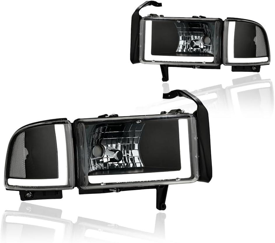 LED DRL Headlight Assembly, Compatible with 1994-2001 Dodge Ram 1500/1994-2002 Ram 2500 3500(DON'T Fit SPORT Models or Ram VAN Models) Headlights Kit, Headlamp Black Housing Clear Reflector