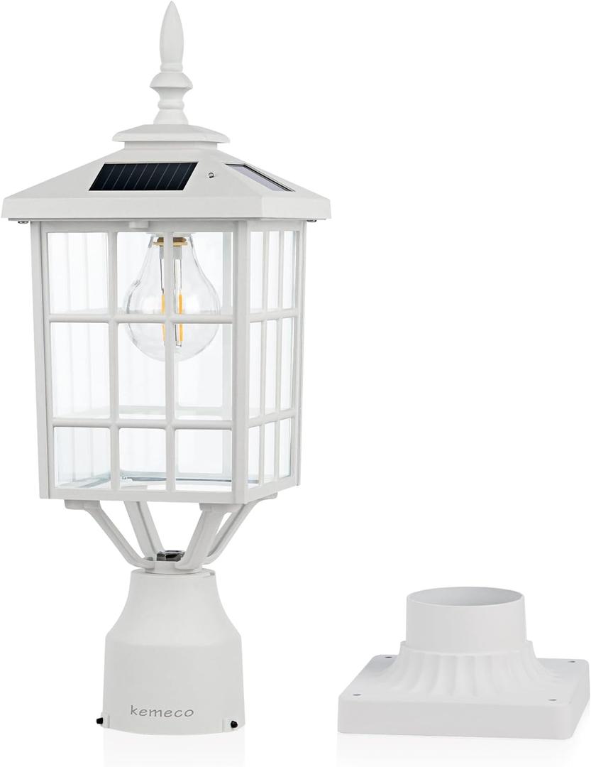 Kemeco ST4224Q-W Solar Post Light Outdoor Led Squared Frame Fixture with 3" Pier Mount Base for Garden Street Pole Landscape Yard Driveway Entryways (White) (White Lamp + Base)