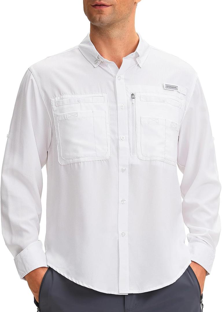 G Gradual Men's Long Sleeve Sun Protection Fishing Shirt with Zipper Pockets UPF 50+ Lightweight Cool Sun Shirts for Men Hiking Outdoor Casual (White, L)
