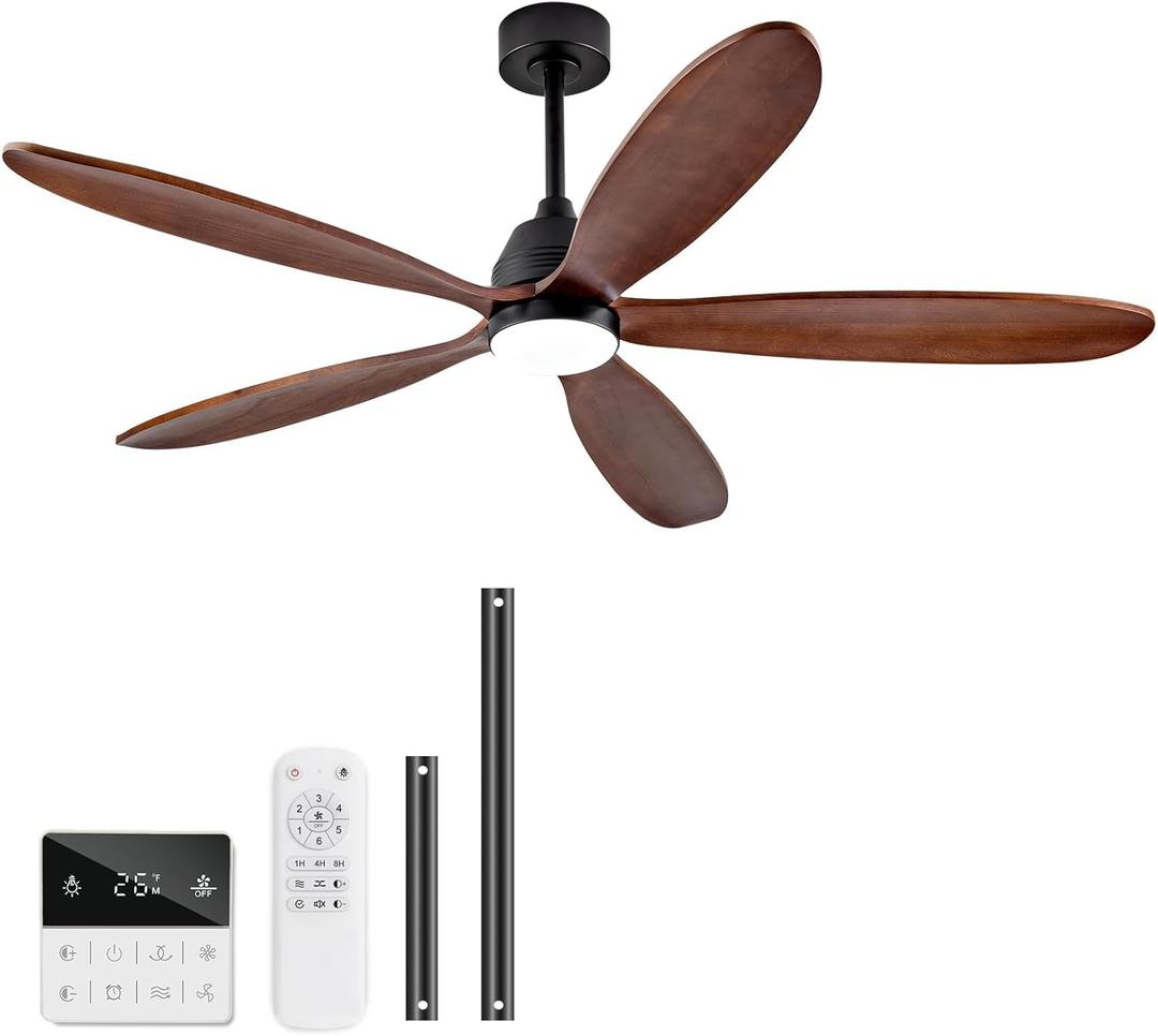60 Inch Wood Ceiling Fans with Lights and Remote, Modern Outdoor Ceiling Fan with Light for Patio, Dimmable, Wall Switch, 5 Blades, Reversible DC Motor, Memory Function (Black Walnut)