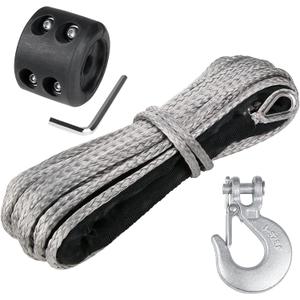 3/16" Synthetic Winch Rope Kit, 3/16 in x 50 Ft 8500LBs Strength ATV Winch Rope Line with Steel Hook, Rubber Stopper, Protecting Sleeve and Thimble, Suitable for ATV, SUV, Vehicle (Black)