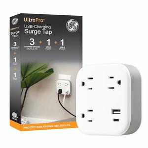 GE UltraPro 3-Outlet Surge Protector, Outlet Extendor with USB, Wall Tap, 1 USB-A, 1 USB-C, Adapter Spaced, for Home or Office, 900 Joules, Charging Station, White - 81787