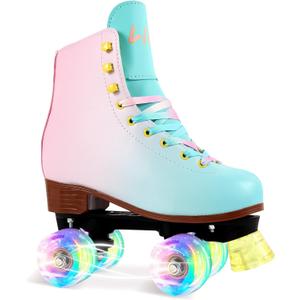 LIKU Quad Roller Skates for Girl and Women with All Wheel Light Up,Indoor/Outdoor Lace-Up Fun Illuminating Roller Skate for Kid (J12-J13, Pink&Blue)